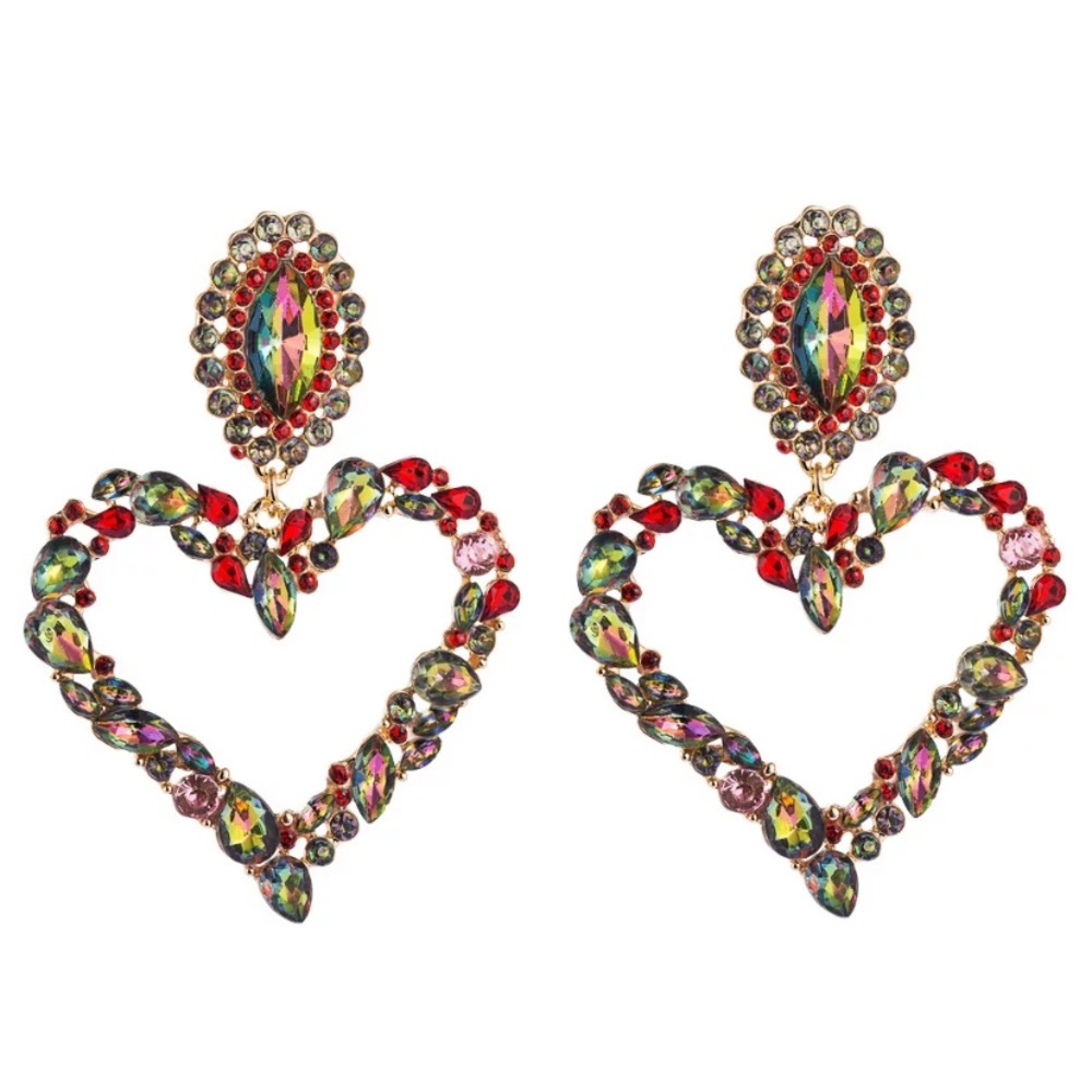 Large Heart Jeweled Drop Earring - Multicolor